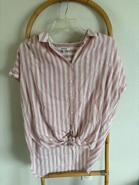 Madewell Pink and White Striped Button-Front Tie Blouse